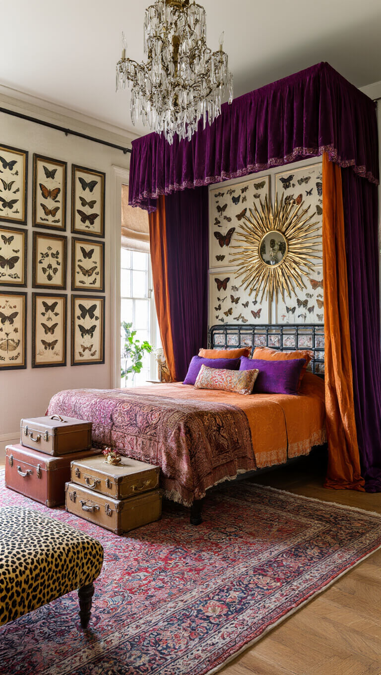Maximalist bedroom corner with canopy bed draped in vintage saris and velvet curtains, Chinoiserie screen headboard, stacked vintage suitcases as nightstand, crystal chandelier, leopard print ottoman on Persian carpet, framed butterfly and botanical prints on walls, and gold sunburst mirror reflecting afternoon light.