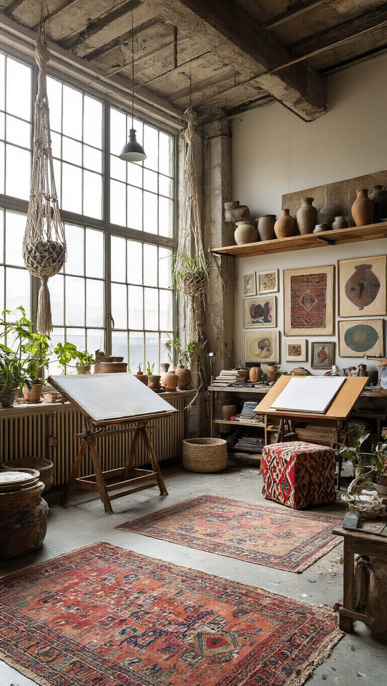 Bohemian artist's studio loft with double-height windows, paint-splattered floor cloths, ceramic vessels on industrial shelves, vintage drafting table, kilim-covered stool, macramé plant hangers, and unframed canvas art on gallery wall.
