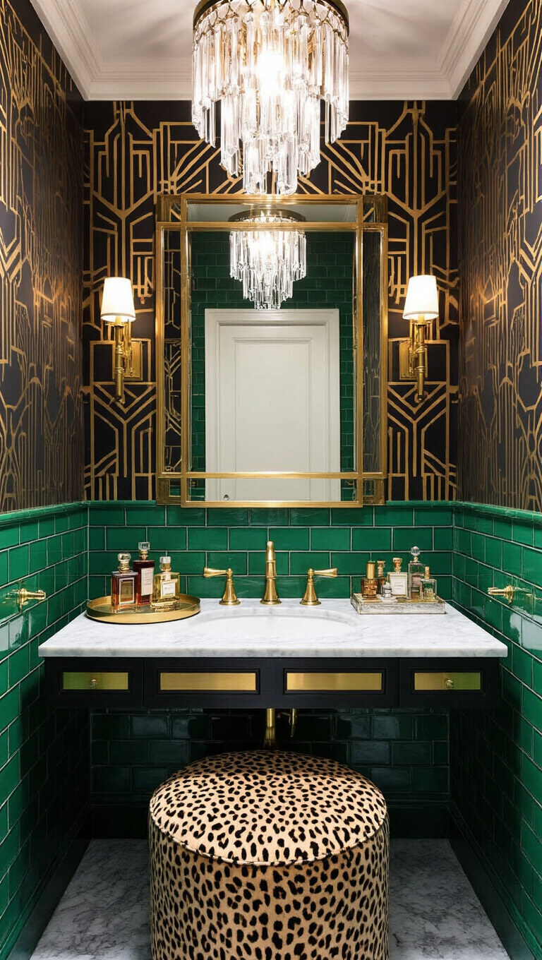 Art deco-inspired powder room with black and gold geometric wallpaper, emerald green subway tile wainscoting, marble vanity with brass fixtures, vintage brass mirror with sconces, silver tray of perfume bottles, leopard print ottoman, and crystal pendant light.