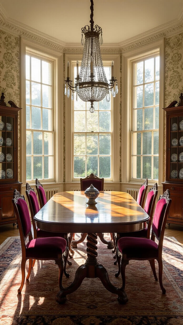 Antique dining room with 1920s walnut table, mixed vintage chairs, chandelier, and golden light through tall Georgian windows.
