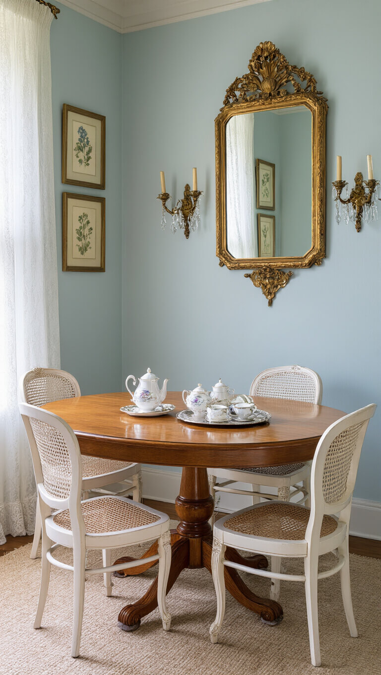 Intimate vintage dining room at sunrise with sheer lace curtains, oval oak pedestal table, mix-matched Victorian chairs, crystal sconces, gilded mirror, pale blue walls, botanical prints, and tea service on silver tray.