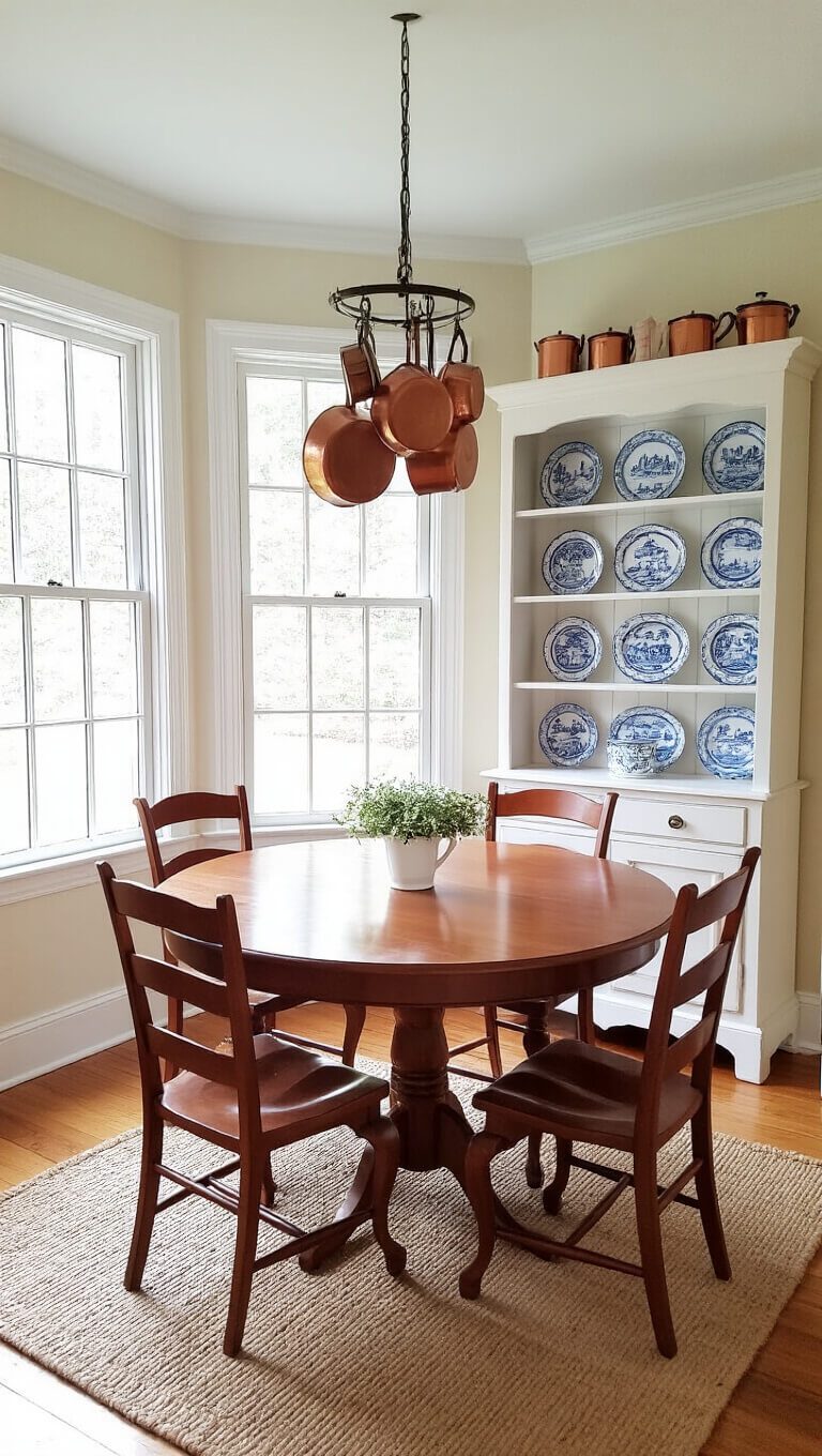 Overhead view of a bright 16x16ft corner dining room with bay window, cherry wood table with cabriole legs, ladder-back chairs in cream toile, white distressed hutch with transferware, jute rug on hardwood floor, and copper pots with dried herbs hanging above.