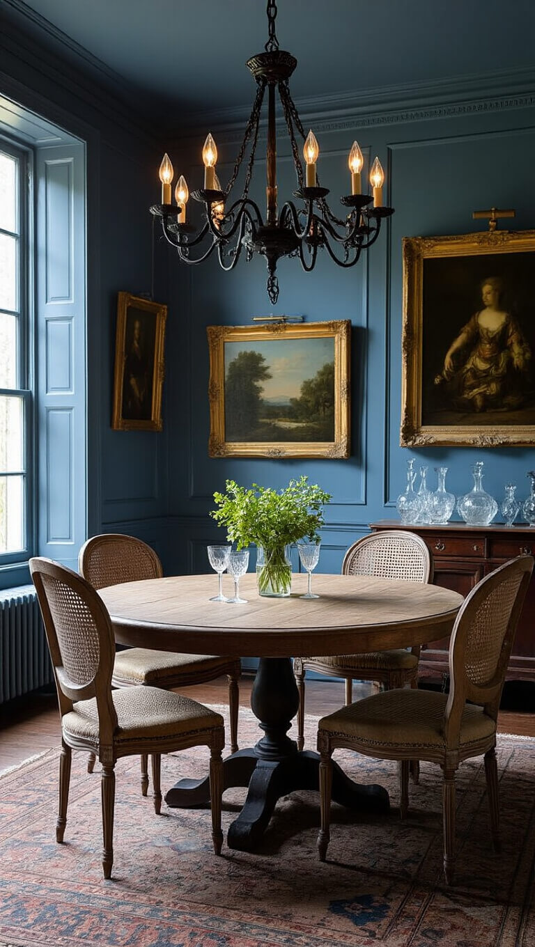 Moody blue-hour dining room with aged French provincial table, mismatched Louis XVI chairs, gilt-framed art on slate blue walls, and a glowing black iron chandelier.