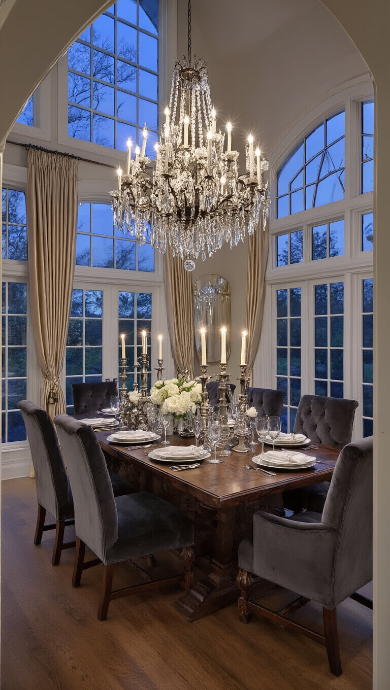 Elegant twilight dining room with Jacobean table, chandelier, velvet chairs, silk drapes, and moody lighting.
