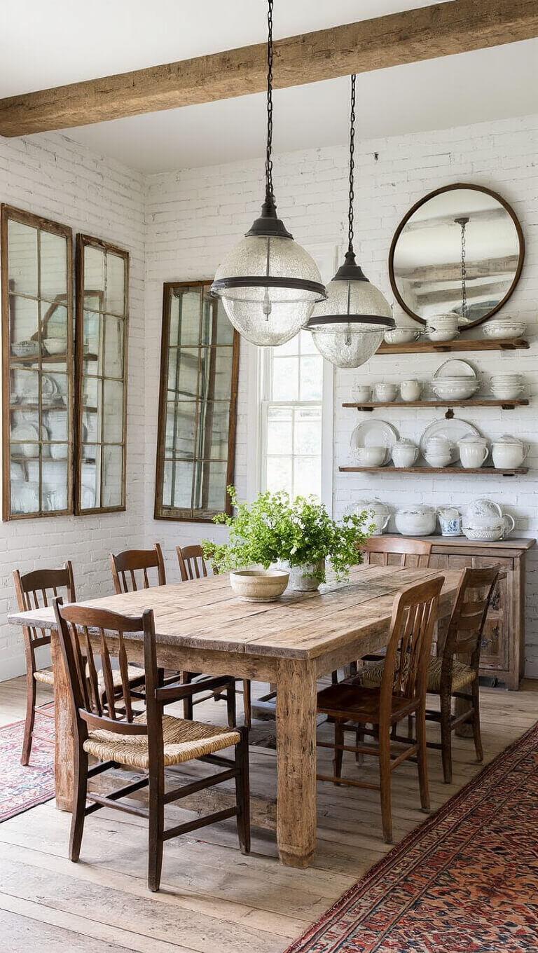 Rustic-elegant dining room with reclaimed wood table, antique chairs, whitewashed brick walls, and vintage decor.