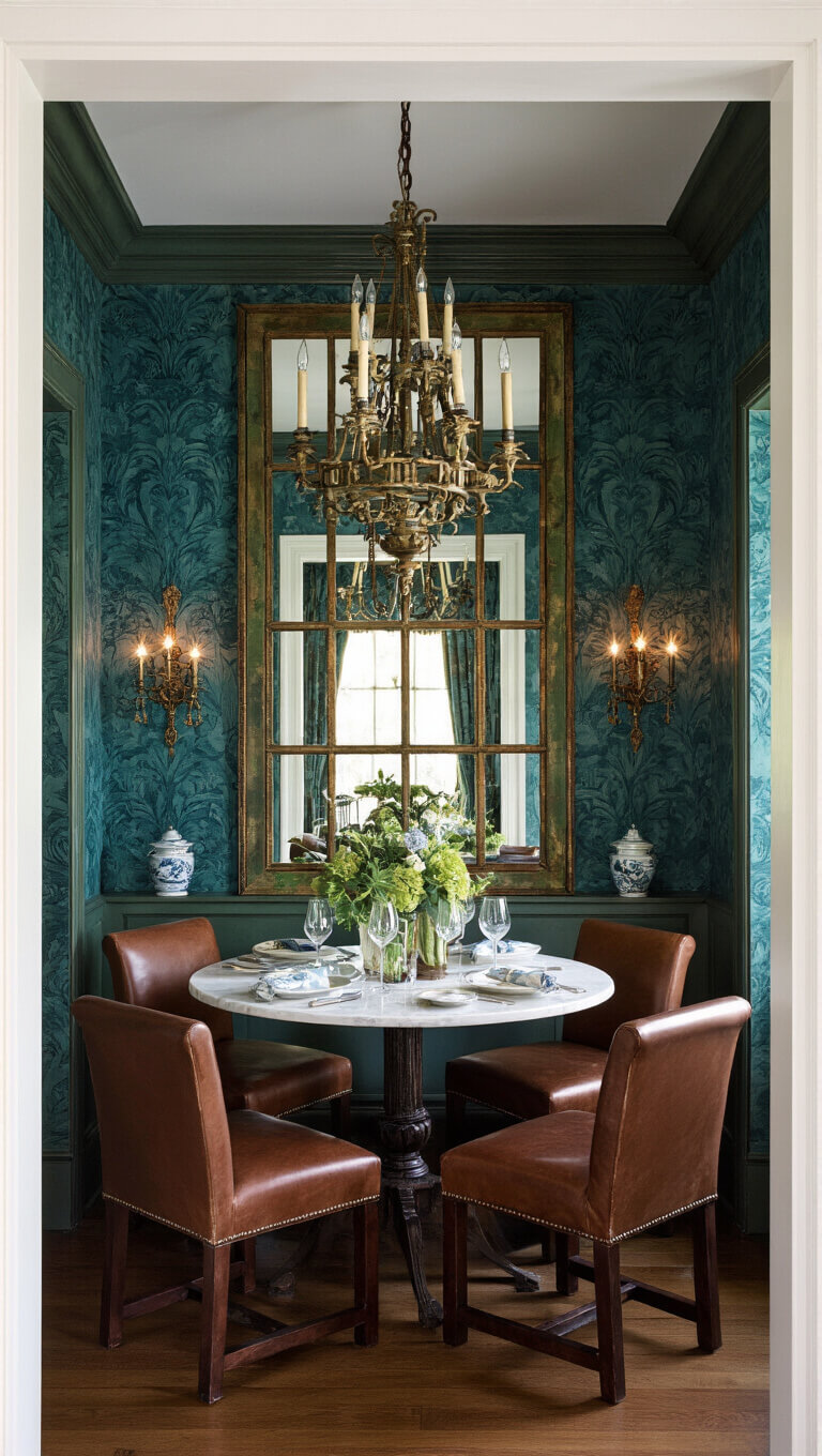 Elegant 14x14ft dining room at cocktail hour with round marble table, leather klismos chairs, verdigris tole chandelier, peacock blue damask wallpaper, and mirrored panels reflecting candlelight.