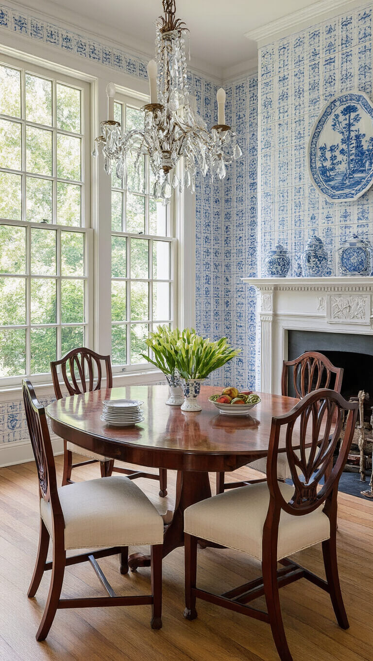 Elegant Federal-style dining room with mahogany table, cream shield-back chairs, Palladian window, crystal girandoles, and blue-and-white porcelain accents.