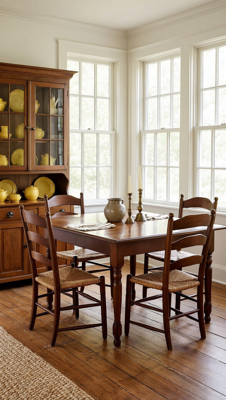 Cozy 15x18ft dining room at golden hour with walnut gate-leg table, ladder-back chairs, yellowware-filled corner cupboard, heart pine floors, braided rug, and warm light highlighting pewter and brass accents.