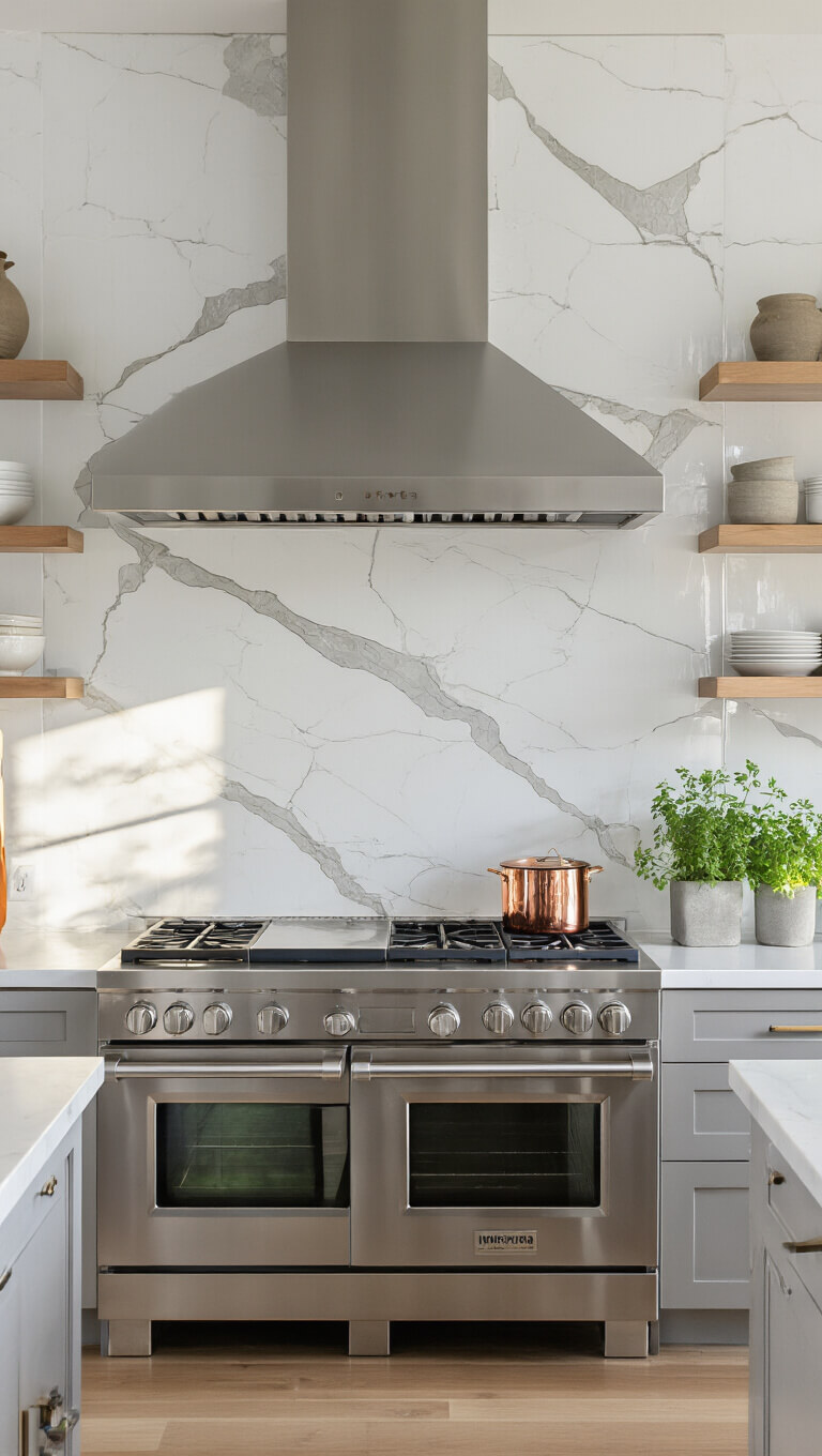 Modern kitchen with white marble backsplash, stainless steel range, quartz countertops, and open shelving with artisanal ceramics, bathed in golden hour light.