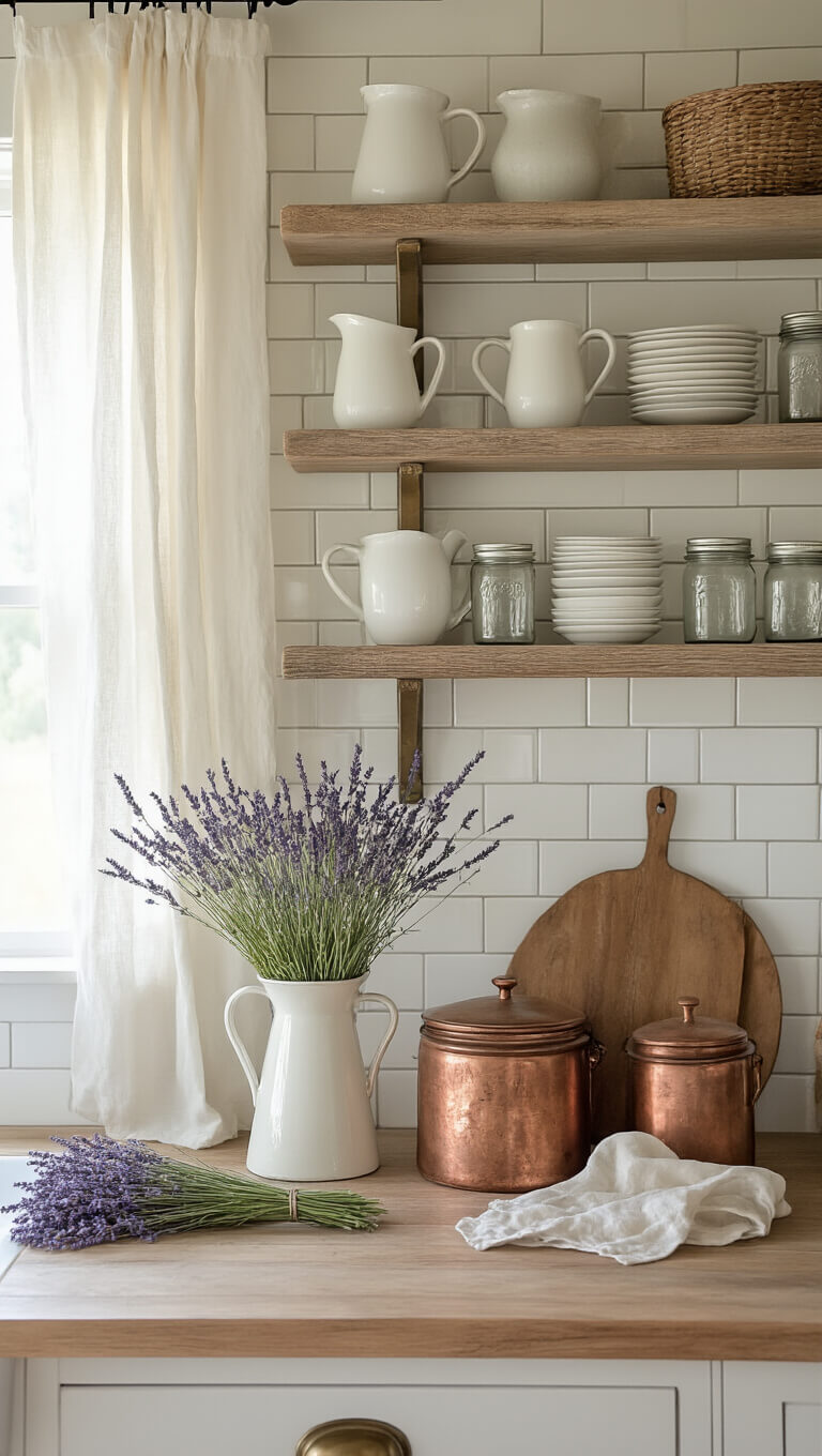 Cozy farmhouse kitchen nook with vintage white subway tile backsplash, aged brass fixtures, weathered wood shelves, and antique decor in soft morning light.