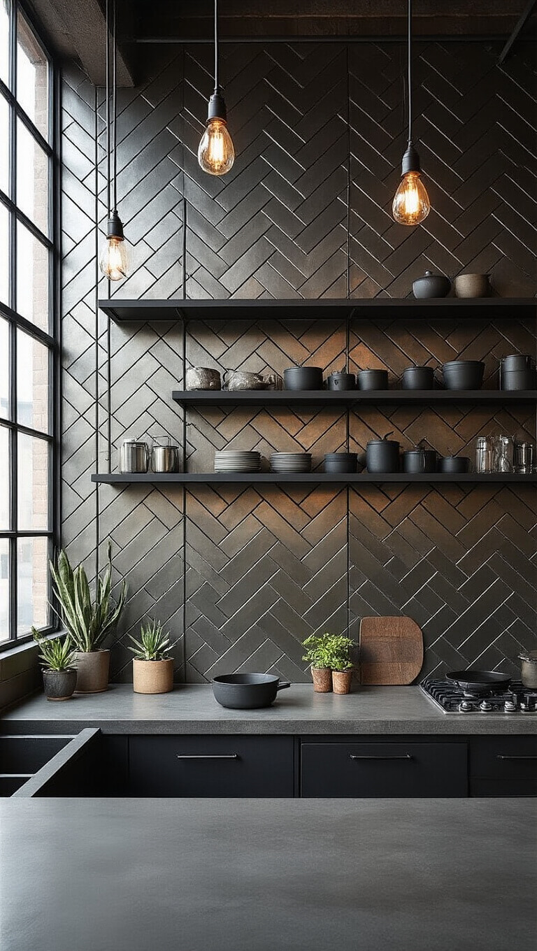 Industrial modern loft kitchen at dusk with geometric metallic herringbone backsplash, concrete countertops, matte black shelving, and moody ambient lighting.