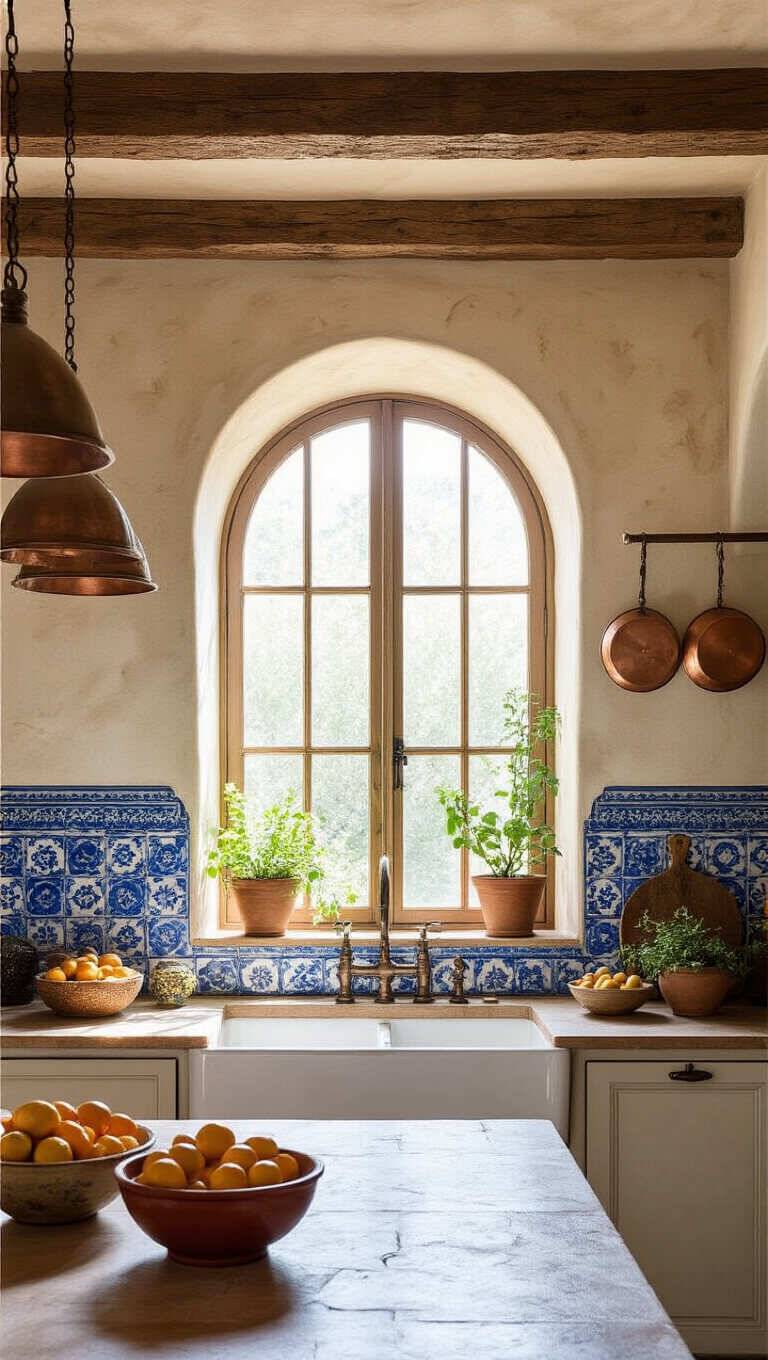 Mediterranean kitchen with cobalt blue and terra cotta hand-painted tile backsplash, arched window lighting textured stucco walls, rustic wood beams overhead, and decor featuring citrus-filled pottery, hanging copper pans, and vine plants.