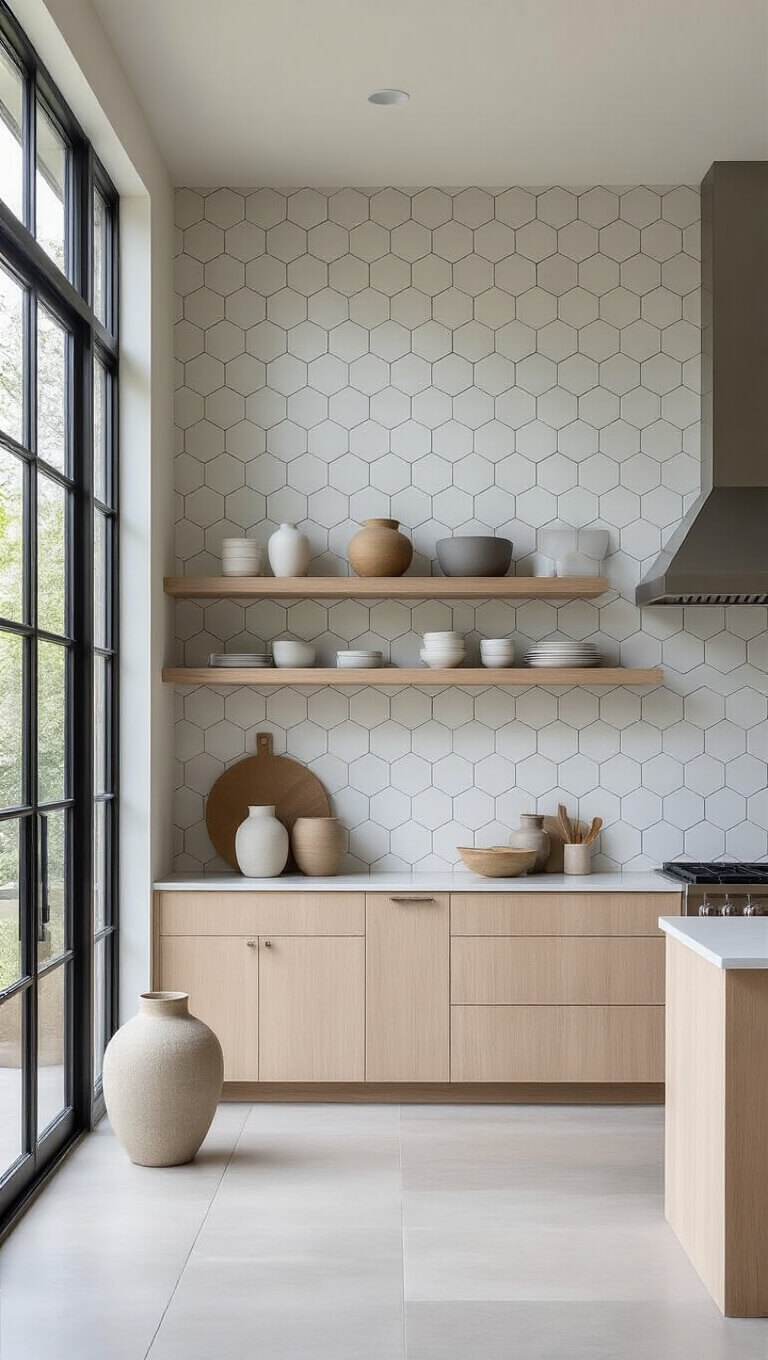 Modern kitchen with geometric gray hexagonal backsplash, natural light from large windows, pale wood floating shelves, and minimalist decor.