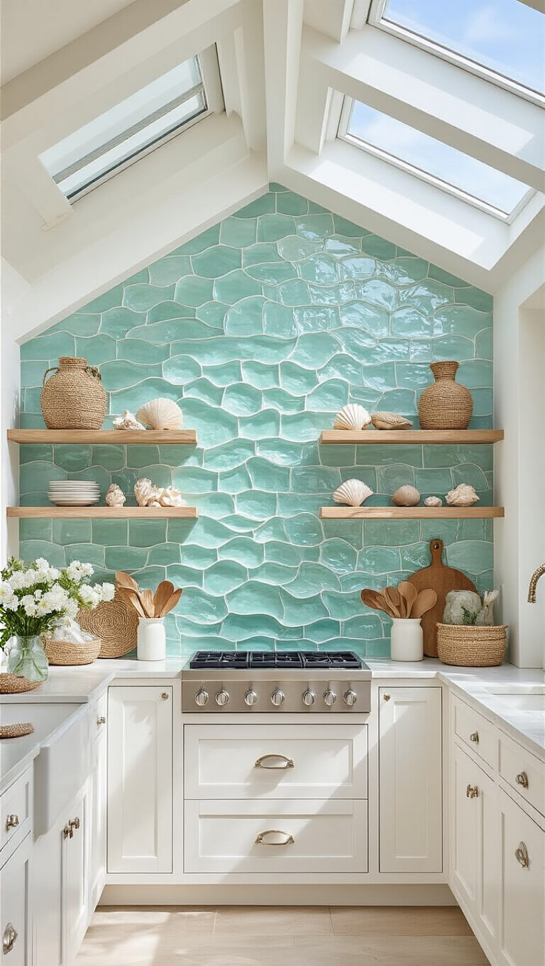 Coastal-themed kitchen with seafoam green and pearl iridescent tile backsplash, white shaker cabinets, driftwood decor, and natural light from skylights.