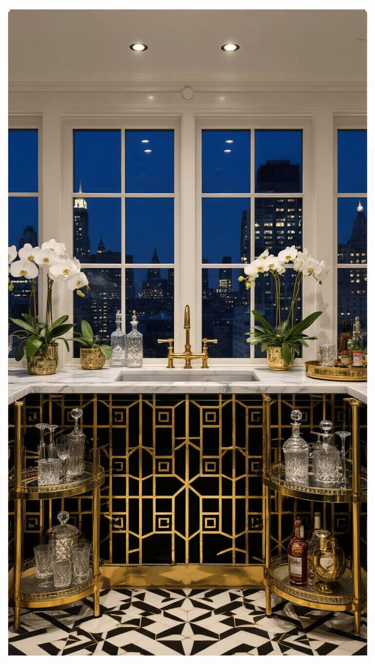Elegant Art Deco kitchen with black and gold geometric backsplash, marble counter, glass and brass shelving, and city views at twilight.