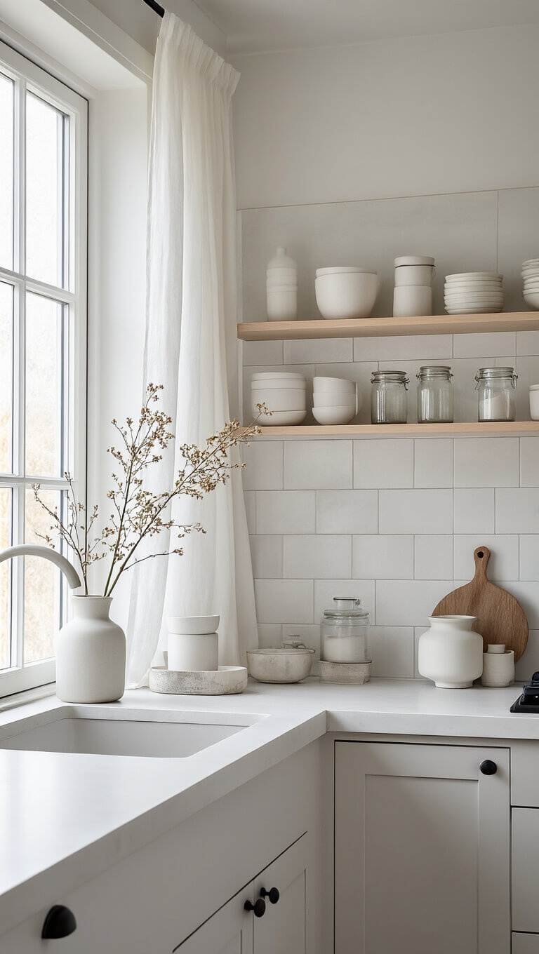 Scandinavian minimalist kitchen with matte white tile backsplash, pale birch shelves, and soft morning light filtering through sheer curtains.