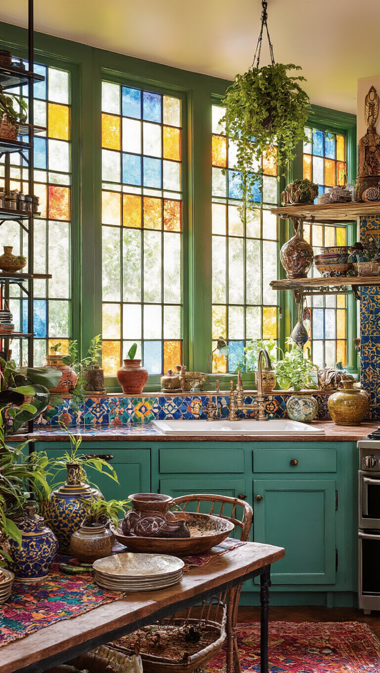 Bohemian style kitchen with jewel-toned Moroccan tile backsplash, rainbow light from stained glass windows, and eclectic decor including vintage pottery and hanging plants.
