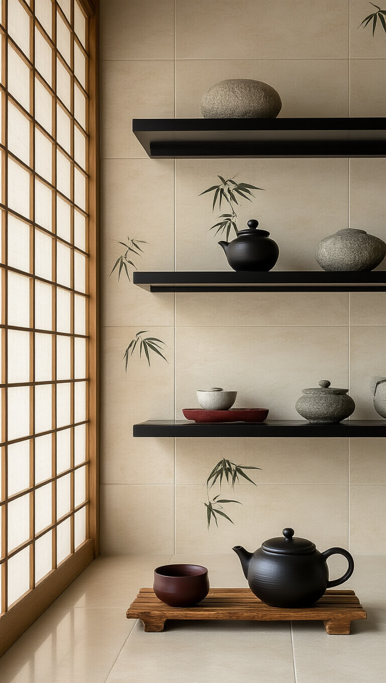 Zen-style Asian fusion kitchen with bamboo-patterned tiles, rice paper screens, black shelves displaying tea items, and bonsai accents in soft dawn lighting.