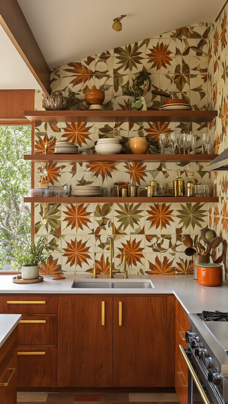 Mid-century modern kitchen with starburst earth-tone backsplash, walnut and brass shelving, vintage accessories, and warm late-afternoon lighting.