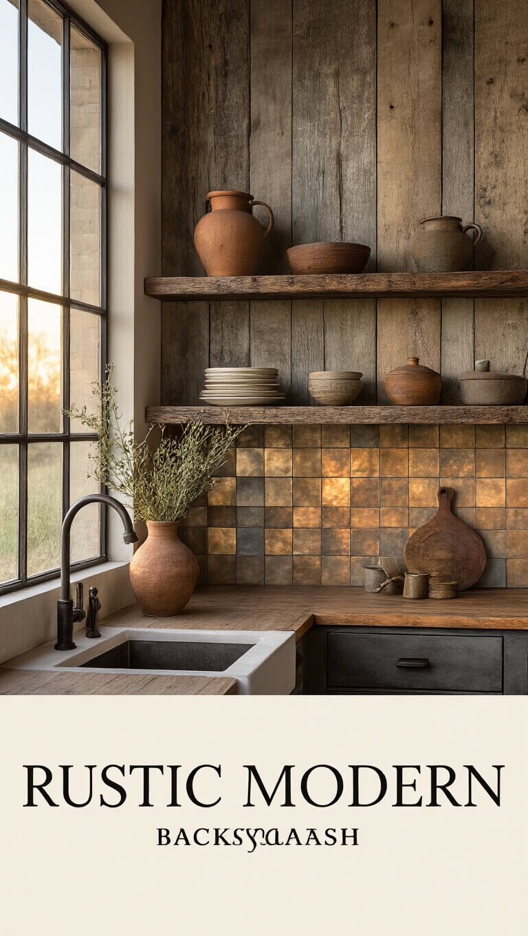 Rustic modern kitchen with reclaimed wood and metallic tile backsplash, barn-style windows, artisanal decor, and warm sunset lighting.