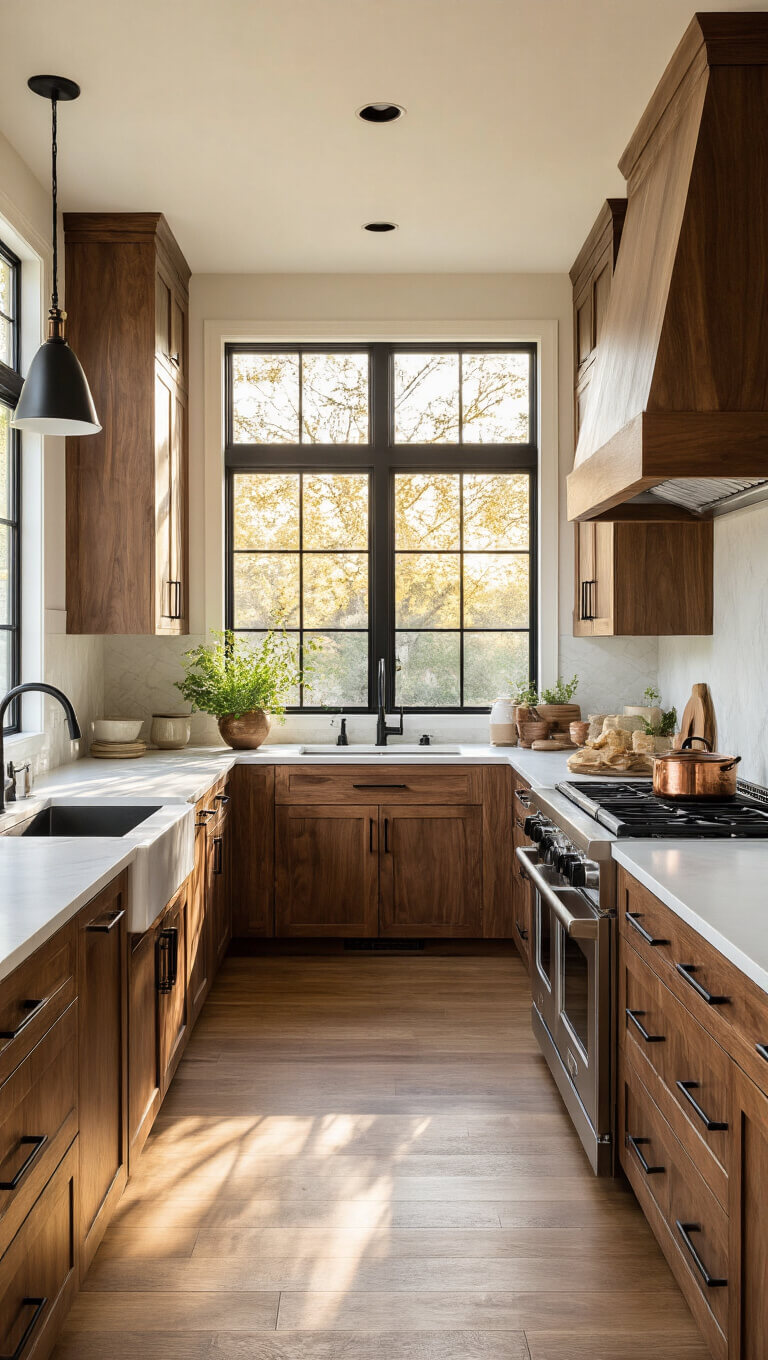 Modern walnut kitchen at sunset with rich grain cabinets, white quartz island, matte black hardware, and warm natural lighting.