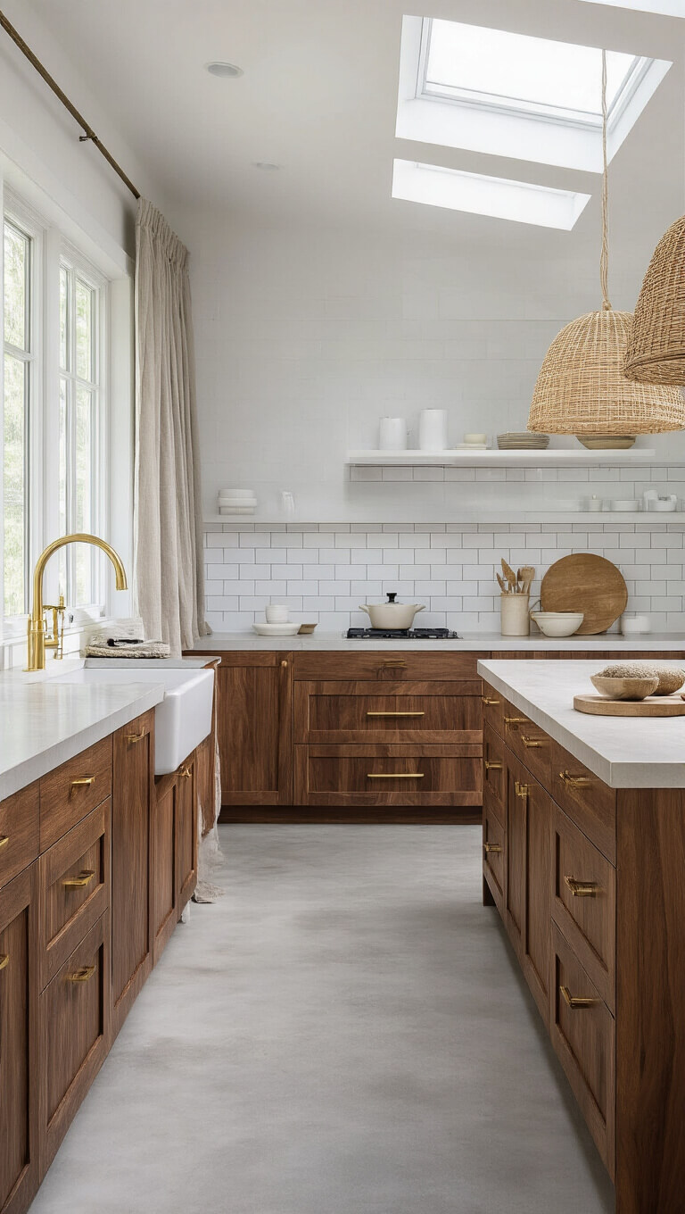 Scandinavian kitchen with walnut lower cabinets, white uppers, concrete floors, brass accents, and skylight illumination.