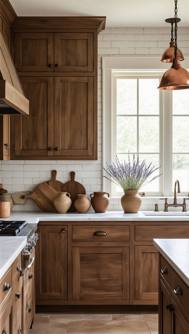 Rustic walnut farmhouse kitchen nook with marble countertops, copper pendants, antique decor, and whitewashed brick backsplash.