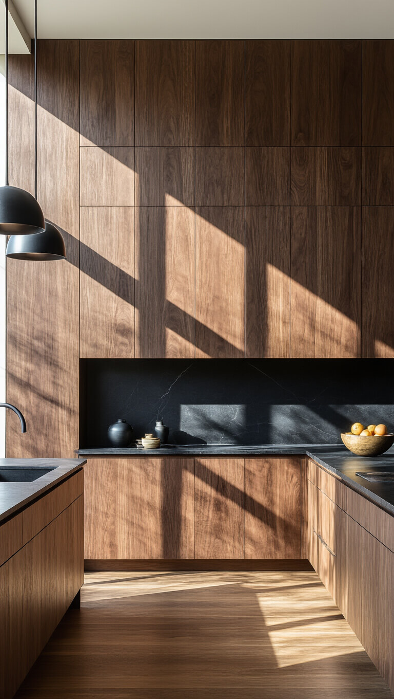 Modern open-concept walnut kitchen with floor-to-ceiling pantry, matte black countertops, brushed steel pendant lighting, and dramatic afternoon shadows.