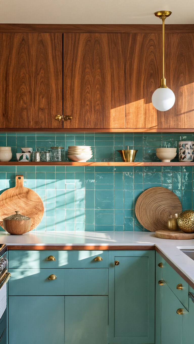 Mid-century kitchen corner with walnut cabinets, turquoise backsplash, vintage globe pendants, and geometric pottery, captured in late afternoon-style lighting with shallow depth of field.