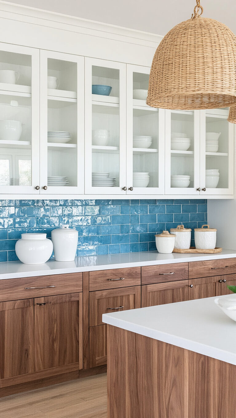 Close-up of walnut kitchen cabinets with blue glass backsplash, rattan pendant lights, and coastal decor in bright, airy space.