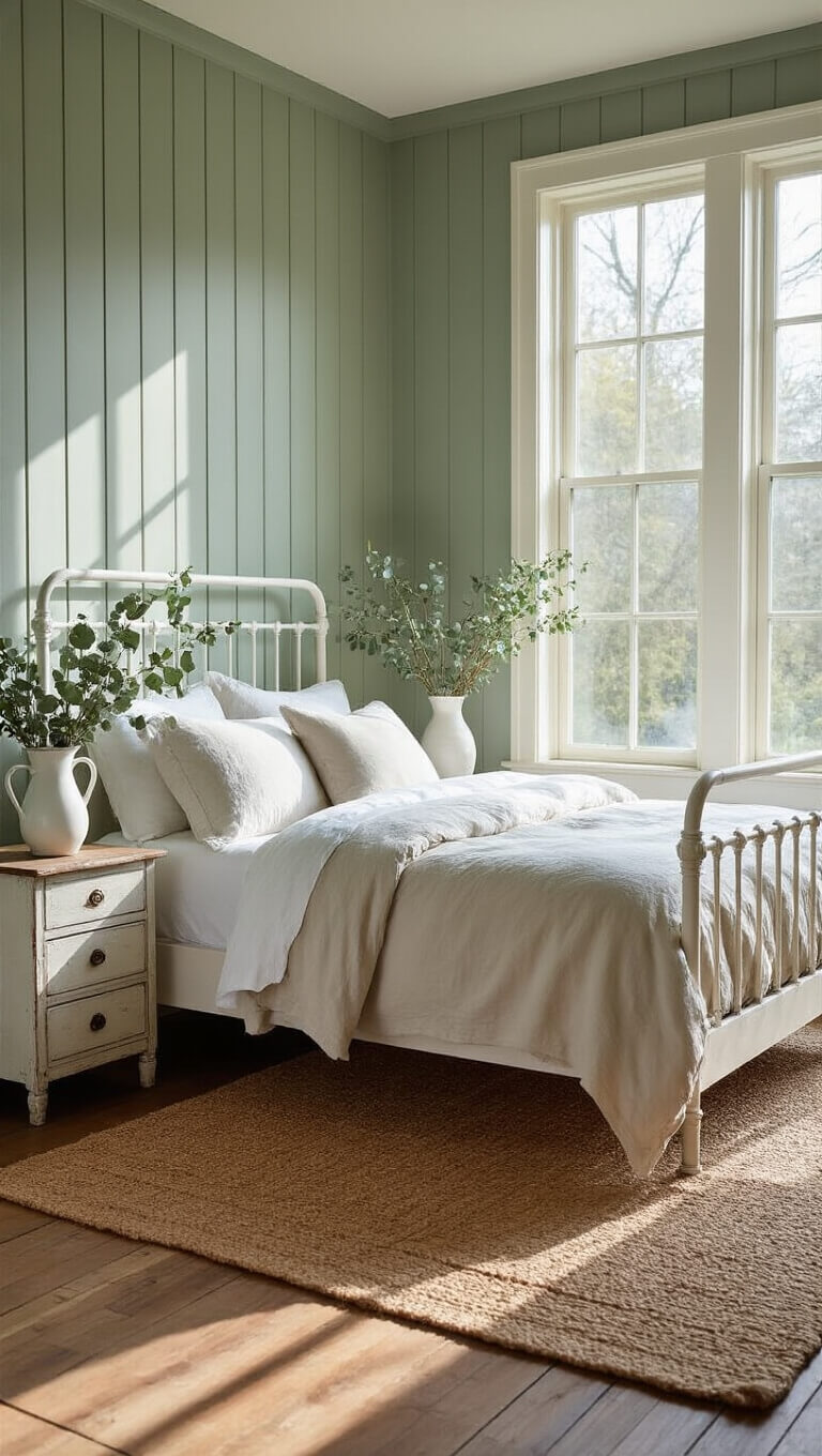 Spacious farmhouse bedroom with sage green accent wall, white iron bed, jute rug, and vintage nightstand in soft morning light.
