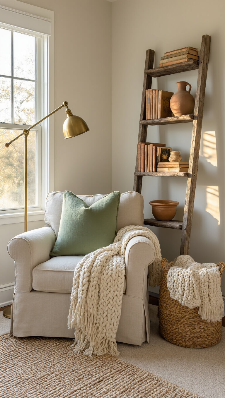 Cozy corner reading nook with oversized linen armchair, rustic ladder shelf, and warm golden hour light filtering through a west-facing window.