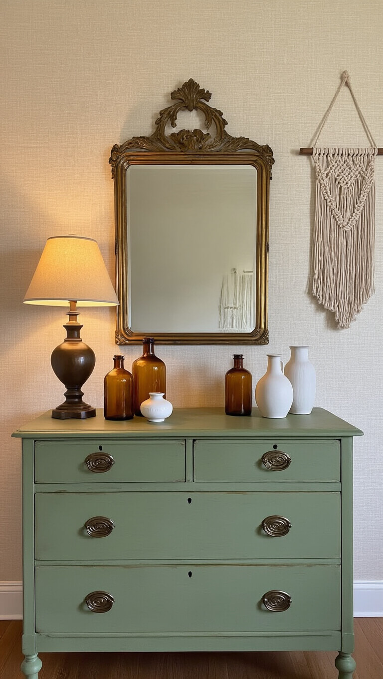 Vintage sage green dresser against cream wallpaper with brass mirror, amber bottles, and ceramic vases, softly lit at dusk.
