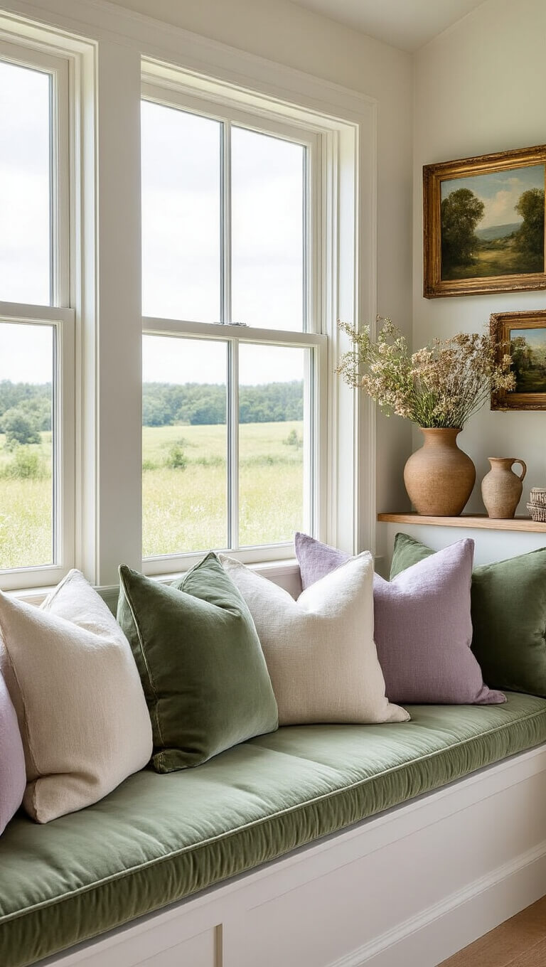 Sunlit window seat with sage green cushions, neutral linen pillows, white trim, and rustic decor on floating shelves.