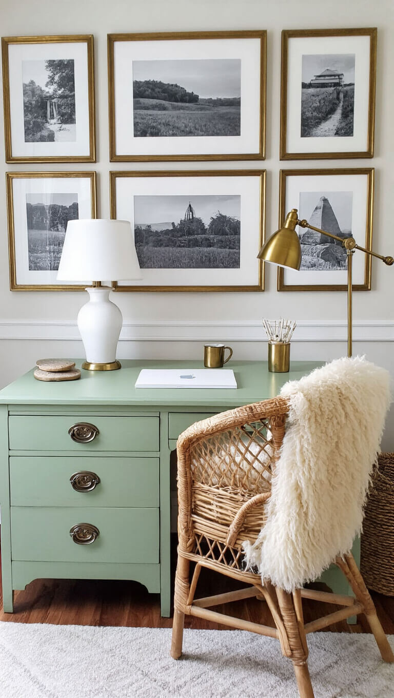 Farmhouse bedroom workspace with sage green vintage desk, gallery wall of black-and-white photos, rattan chair, and brass accessories.