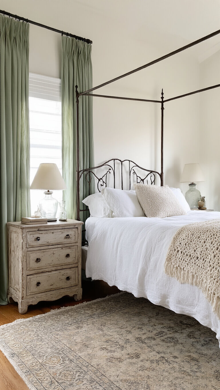 Low-angle view of a bedroom at pre-dawn with a wrought iron canopy bed, white bedding, vintage crochet throw, sage green curtains, distressed wood side tables with glowing milk glass lamps, and a muted Persian rug.
