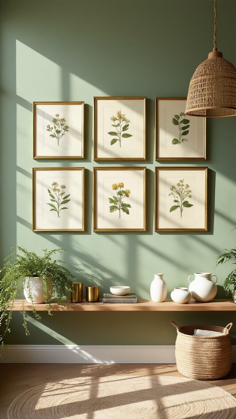 Gallery wall with vintage botanical prints in brass frames on sage green accent wall, lit by late afternoon sunlight; styled floating wood shelves with white pottery, brass decor, and trailing plants; rattan pendant casting organic shadows.