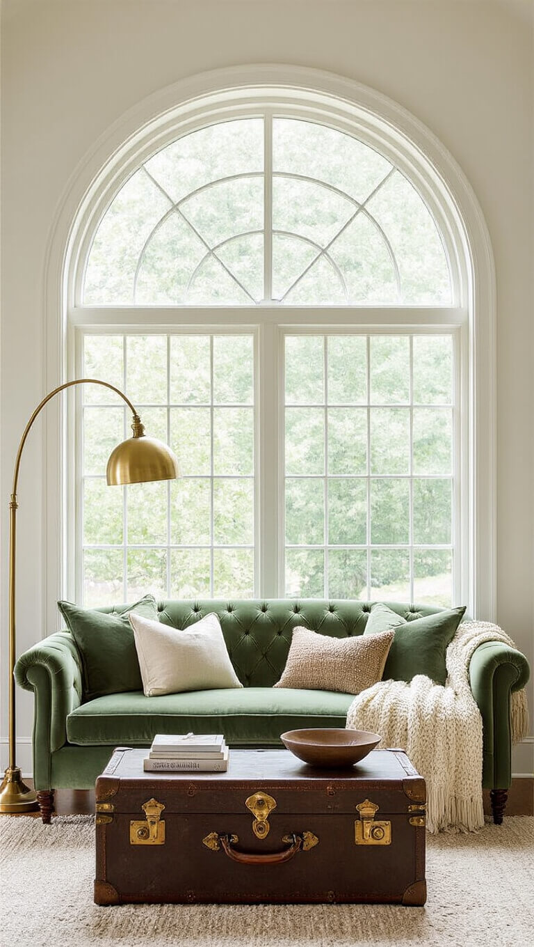 Cozy bedroom sitting area with sage green velvet settee, brass floor lamp, vintage trunk coffee table, and textured pillows beneath large arched window.