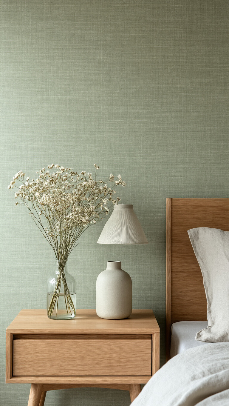 Minimalist bedside with sage green grasscloth wallpaper, ceramic lamp, dried flowers in glass vase, and linen bedding in soft natural light.