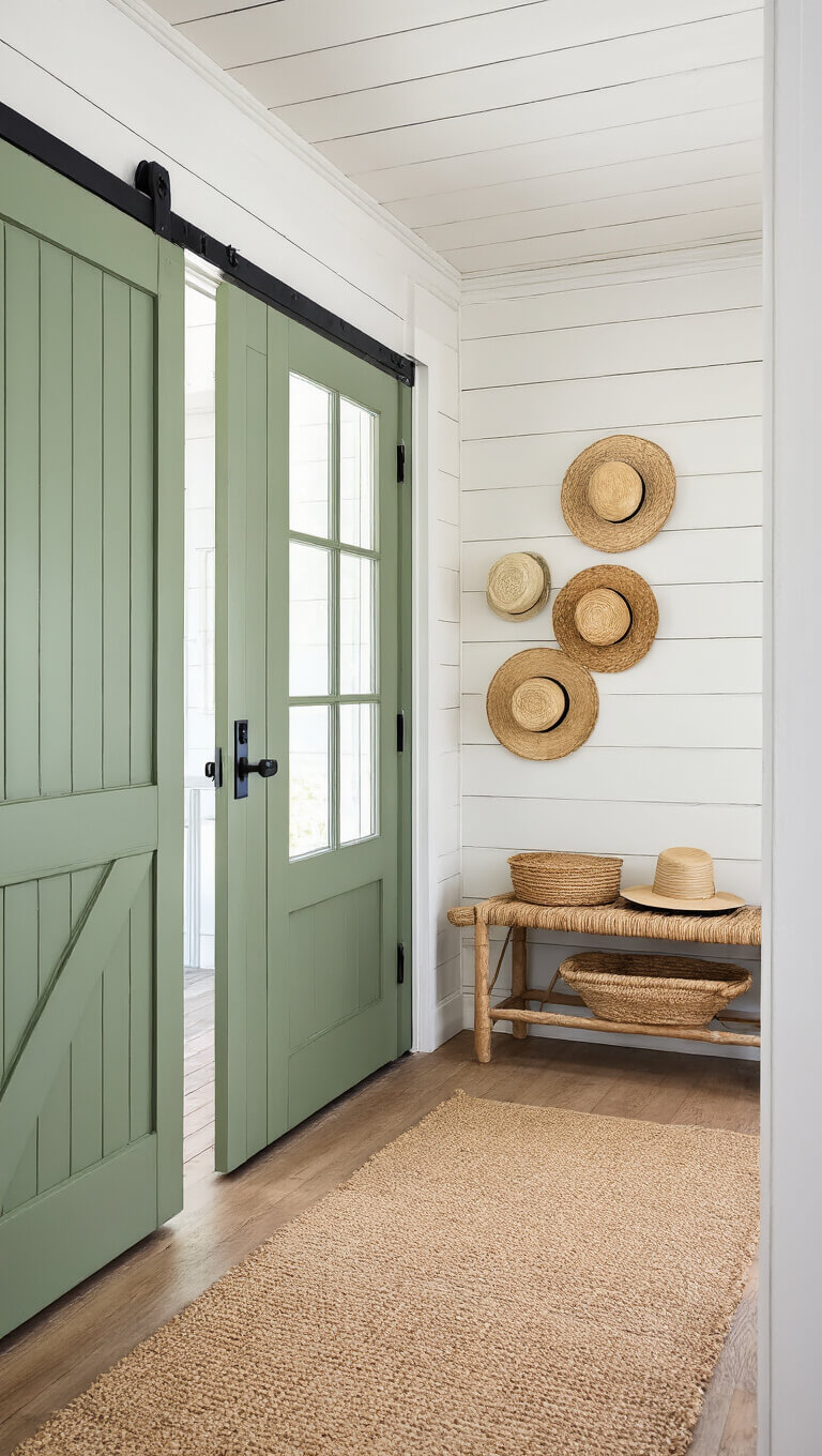 Sage green Dutch door in farmhouse bedroom entrance with white shiplap walls, vintage woven bench, straw hats above, and natural fiber runner.