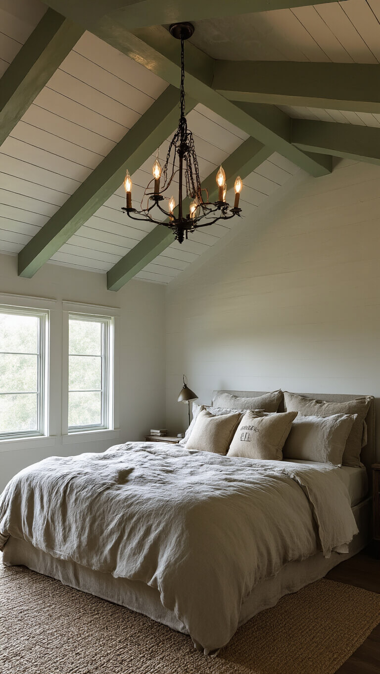 Low-angle view of twilight bedroom with sage green ceiling beams on white planked ceiling, iron chandelier with Edison bulbs, and cozy bed with rumpled linen and vintage grain sack pillows.