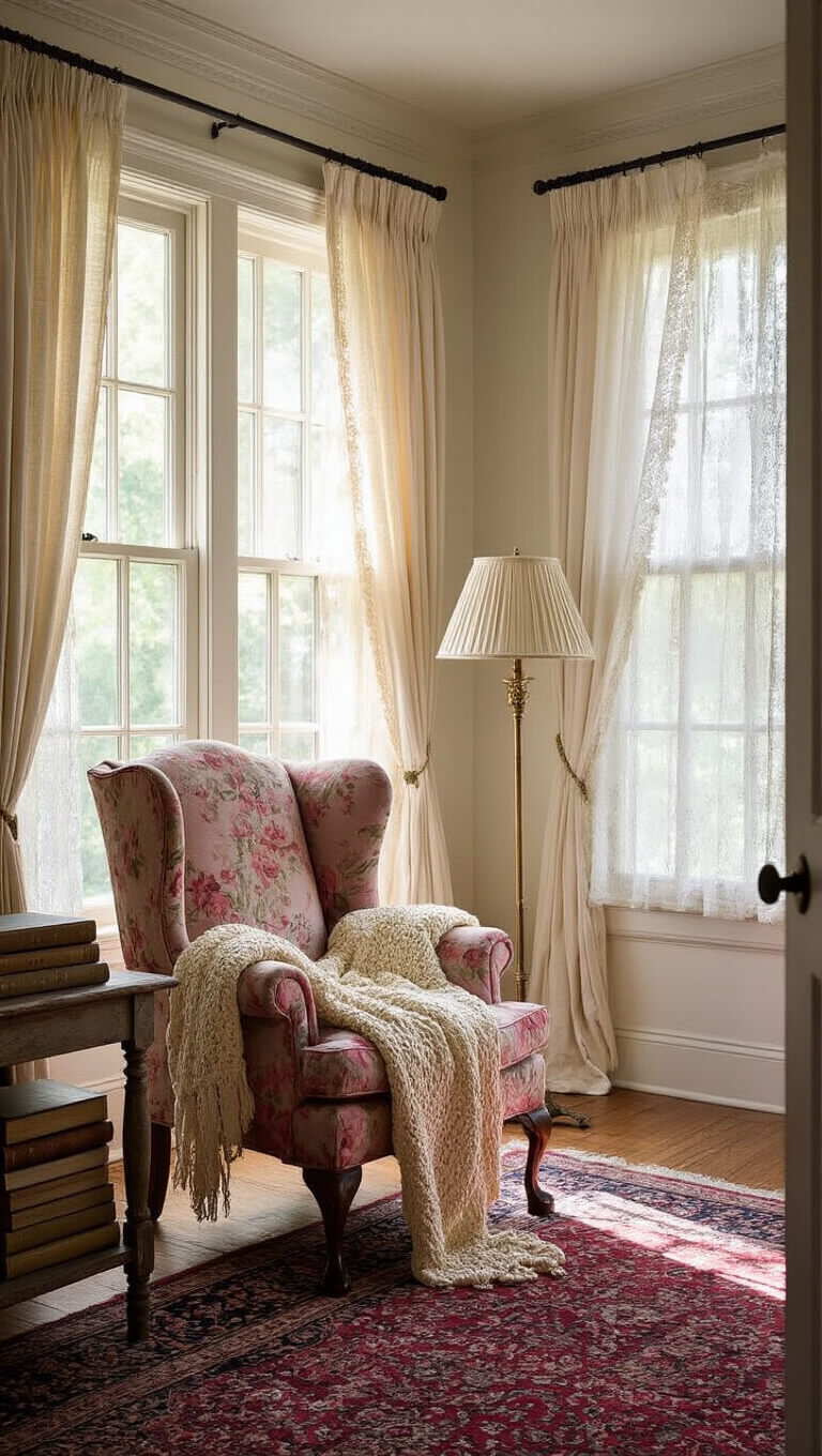 Cozy sunlit living room corner with floral wingback chair, cream afghan, brass floor lamp, and vintage books on oak table, bathed in golden late afternoon light.