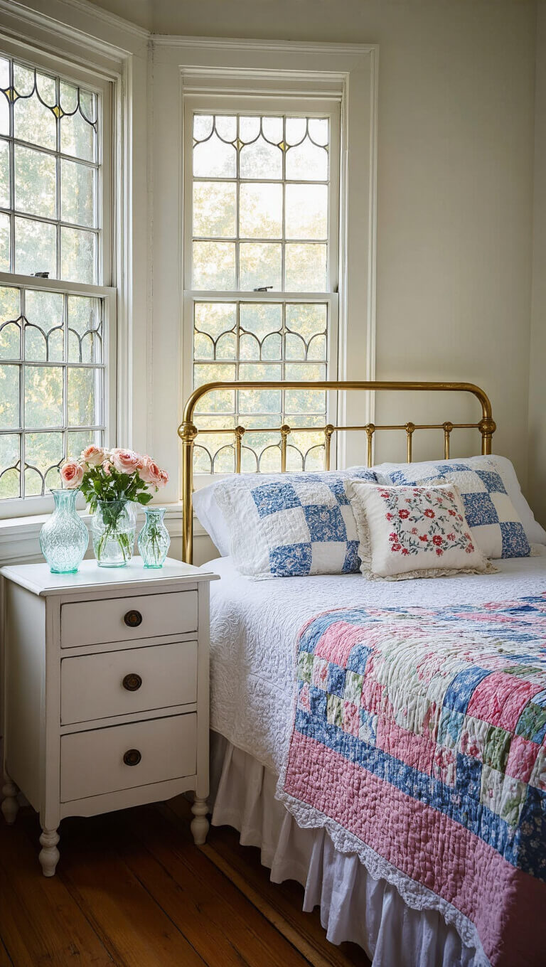 Cozy 12x12ft bedroom corner at dawn with brass queen bed, vintage Dresden plate quilt, embroidered pillows, bay window casting soft morning light, and white nightstand adorned with milk glass vases and garden roses.