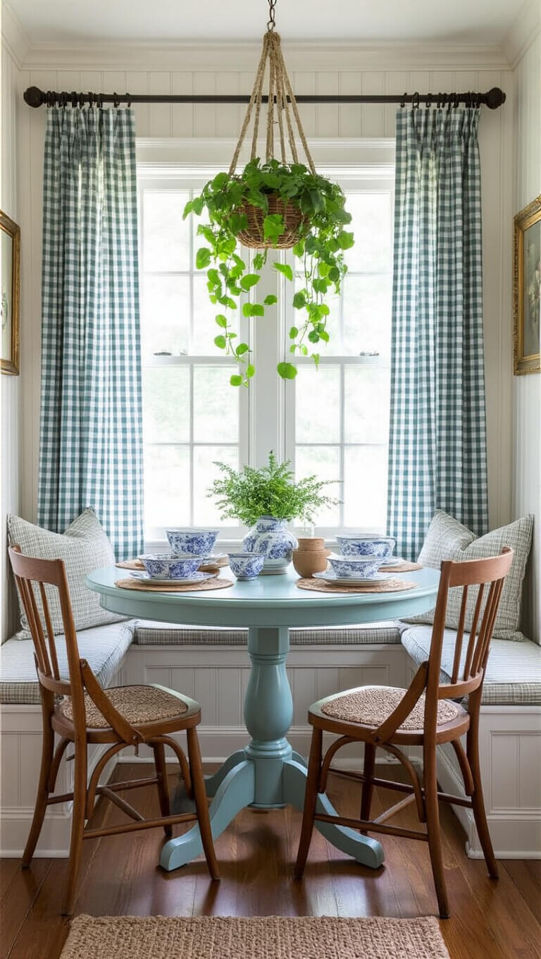 Bright dining nook with vintage details, chalk-blue round table, mixed wooden chairs, gingham cafe curtains, and trailing pothos in macramé hanger.