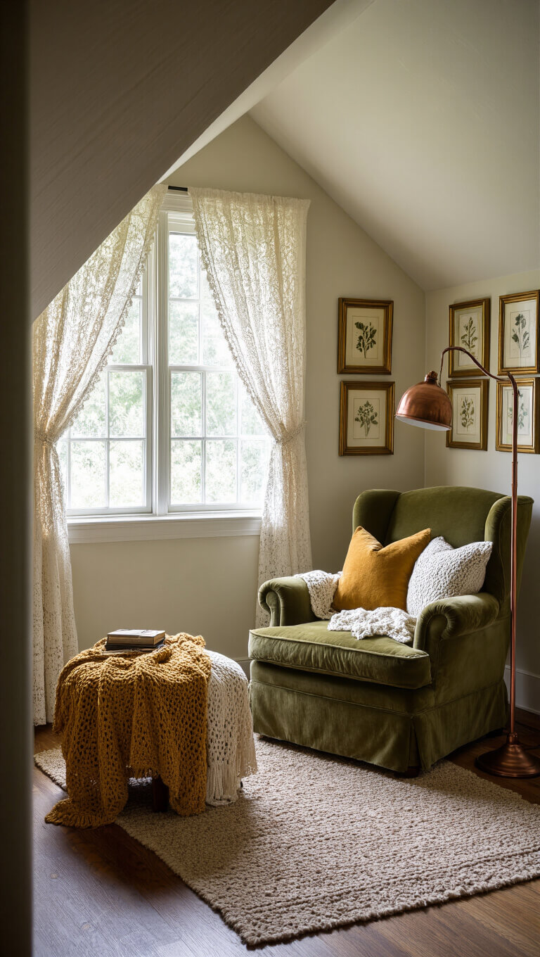 Cozy 8x10ft reading nook under dormer window with olive green velvet armchair, crocheted throws, vintage botanical gallery wall, and soft natural light.