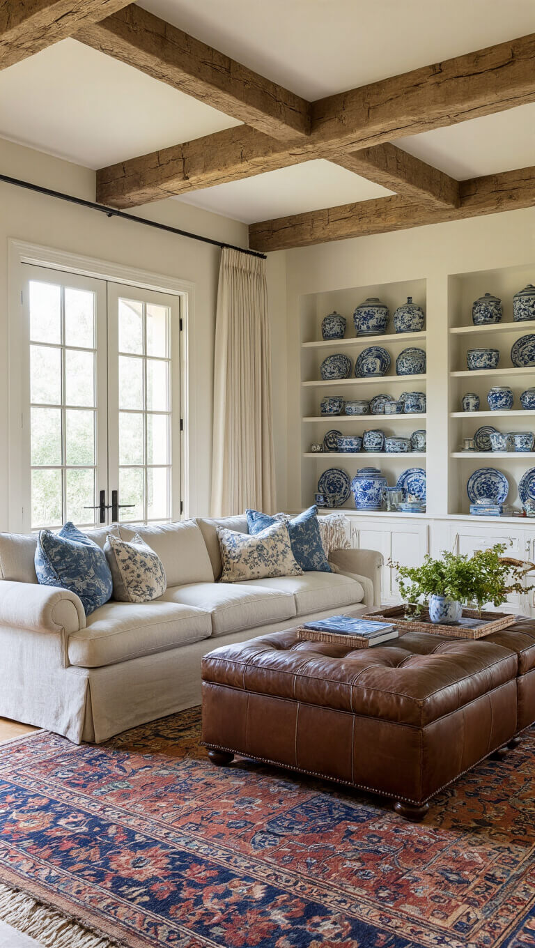 Spacious 16x18ft family room with exposed beams, golden hour light through French doors, linen sofa with patterned pillows, leather ottoman, blue and white china on shelves, layered vintage rugs, and cozy, lived-in ambiance.