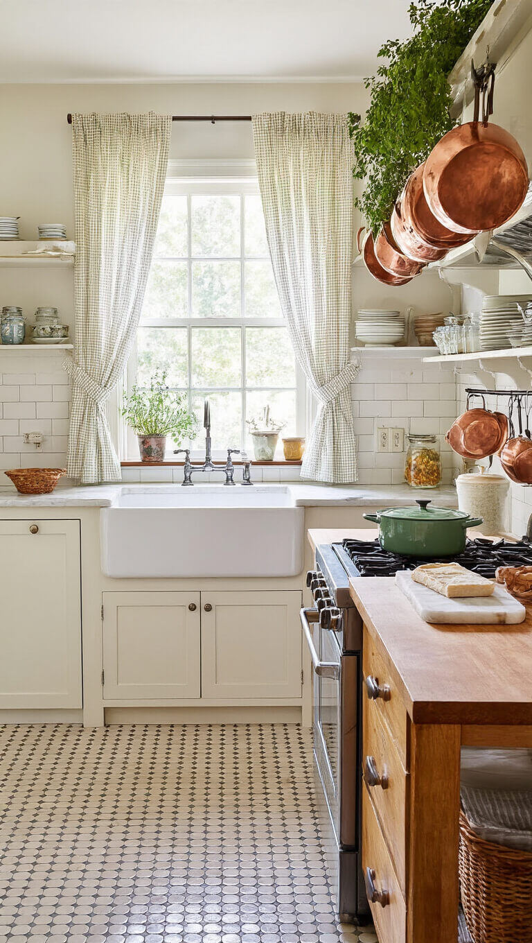 Cozy vintage kitchen with hex tile floor, farmhouse sink, copper cookware, open shelves with jadite and milk glass, butcher block island, and herbs drying from ceiling in bright morning light.