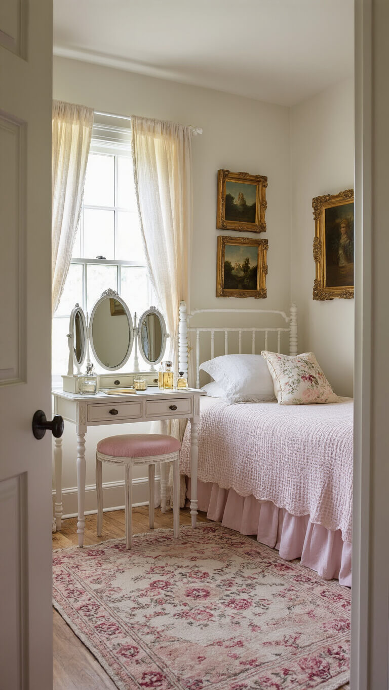 Cozy guest room corner with spool bed, pale pink chenille bedspread, vintage vanity, and afternoon light through sheer curtains.