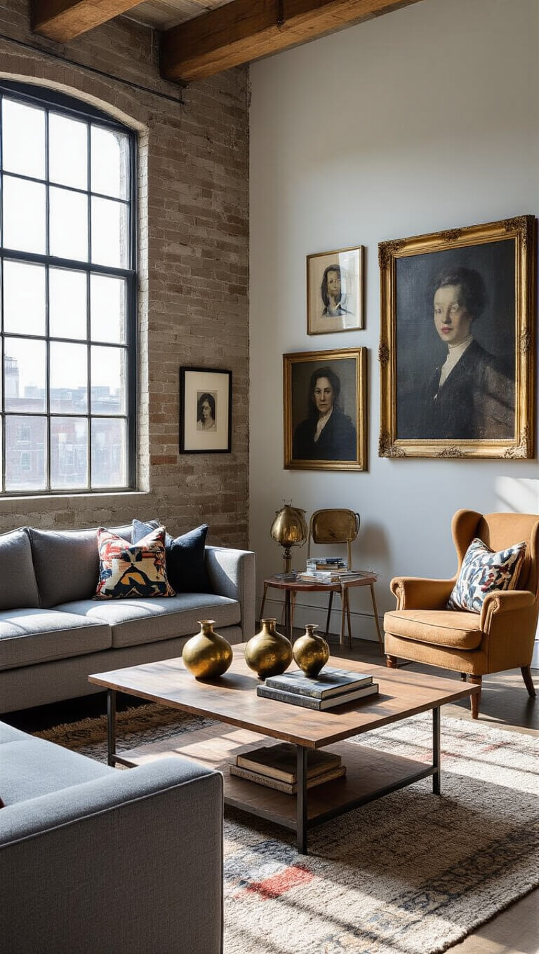Eclectic 14x16ft living room with gray sofa, vintage wingback chairs in bold print, mid-century coffee table, gallery wall of modern and vintage art, and bright natural light through industrial windows.