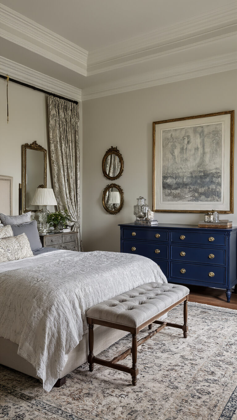 Luxurious 15x15ft master bedroom with tray ceiling, dawn light filtering through damask curtains, king bed in cream and gray linens, navy Victorian dresser with mercury glass accents, abstract art above bed, antique mirrors, and a sophisticated, layered decor in soft morning light.